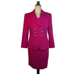 Lillie Rubin Skirt Suit Set Blazer Gold Buttons Career Wear Fuchsia Size 8